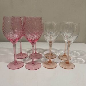 2 Sets of 4, Wine Glasses, 4, Pink Swirl and 4, Clear with Peach Stems